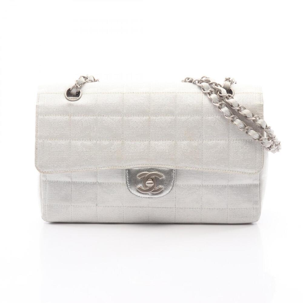 Chanel Travel Shoulder Bag Leather Canvas Silver Tone
